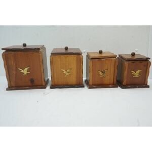 4 Vintage Wooden Eagle Canisters, Wood Lid, Plastic Liner, Colonial Style